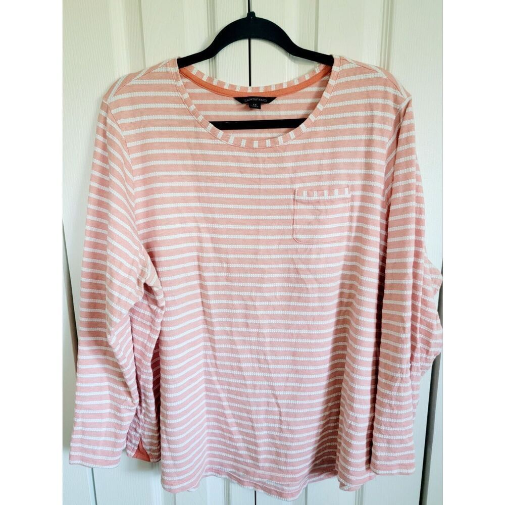 Lands End 1X Tunic Top Roll Tab‎ 3/4 Sleeve Cotton Stripe Round Neck Peach White